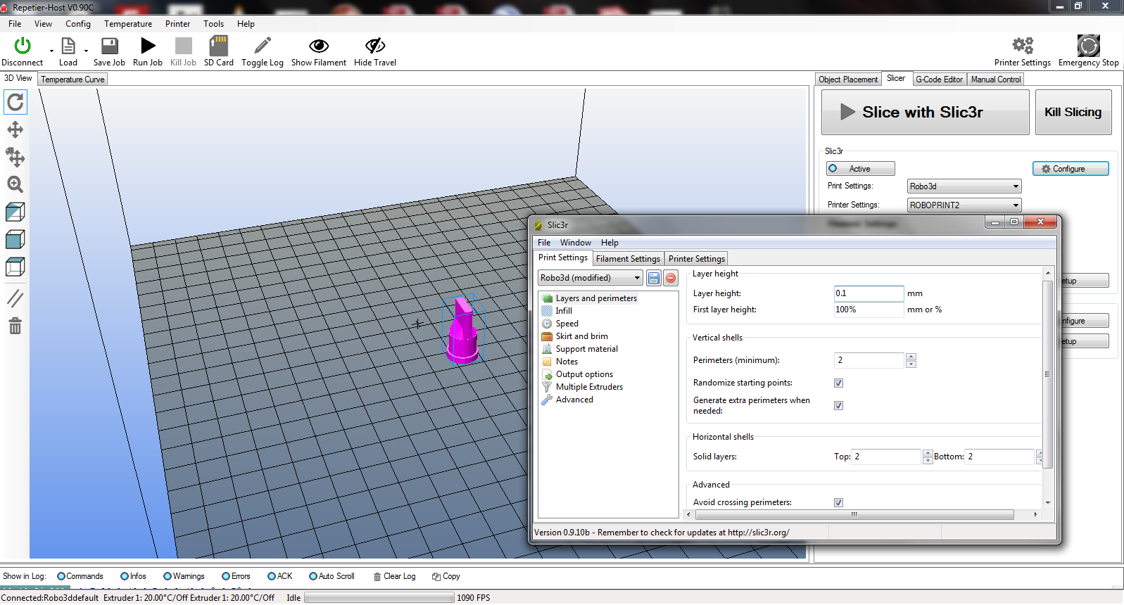 Different knob design placed in Repetier-Host while Slic3r settings are configured