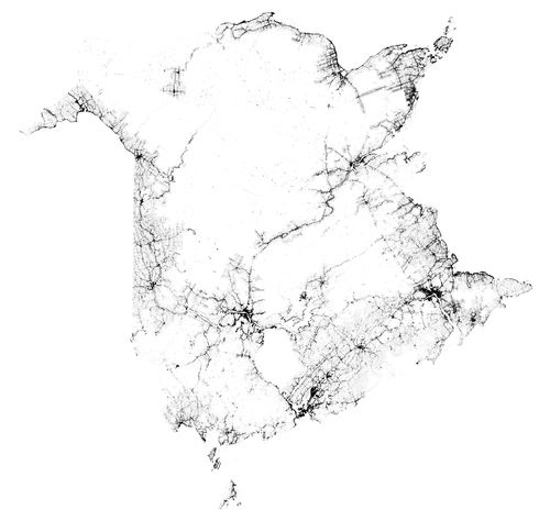 Map of buildings in New Brunswick as a proxy for population density