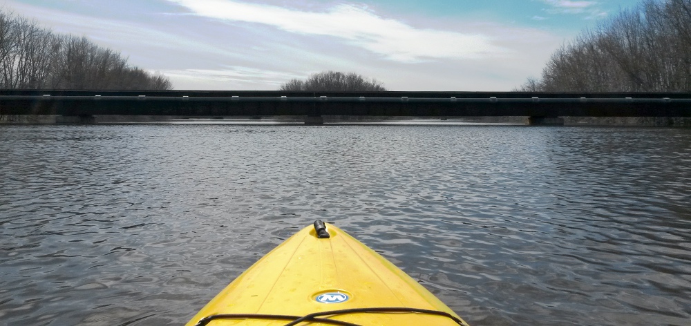 Old train bridge in Devon during spring freshet, 30 April 2017