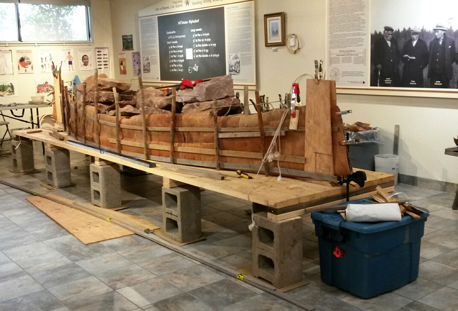 Birchbark canoe under construction at the Millbrook Heritage Centre